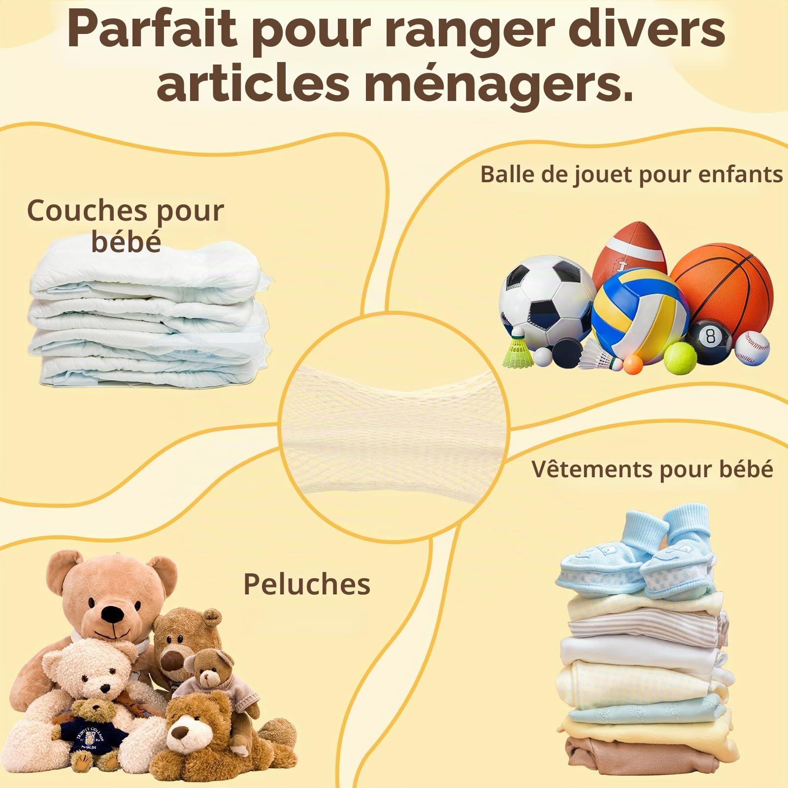 Filet de Rangement Peluches pour Bord de Lit en Coton, Hamac Jouets Style Bohème Chic, Beige, Lot de 2