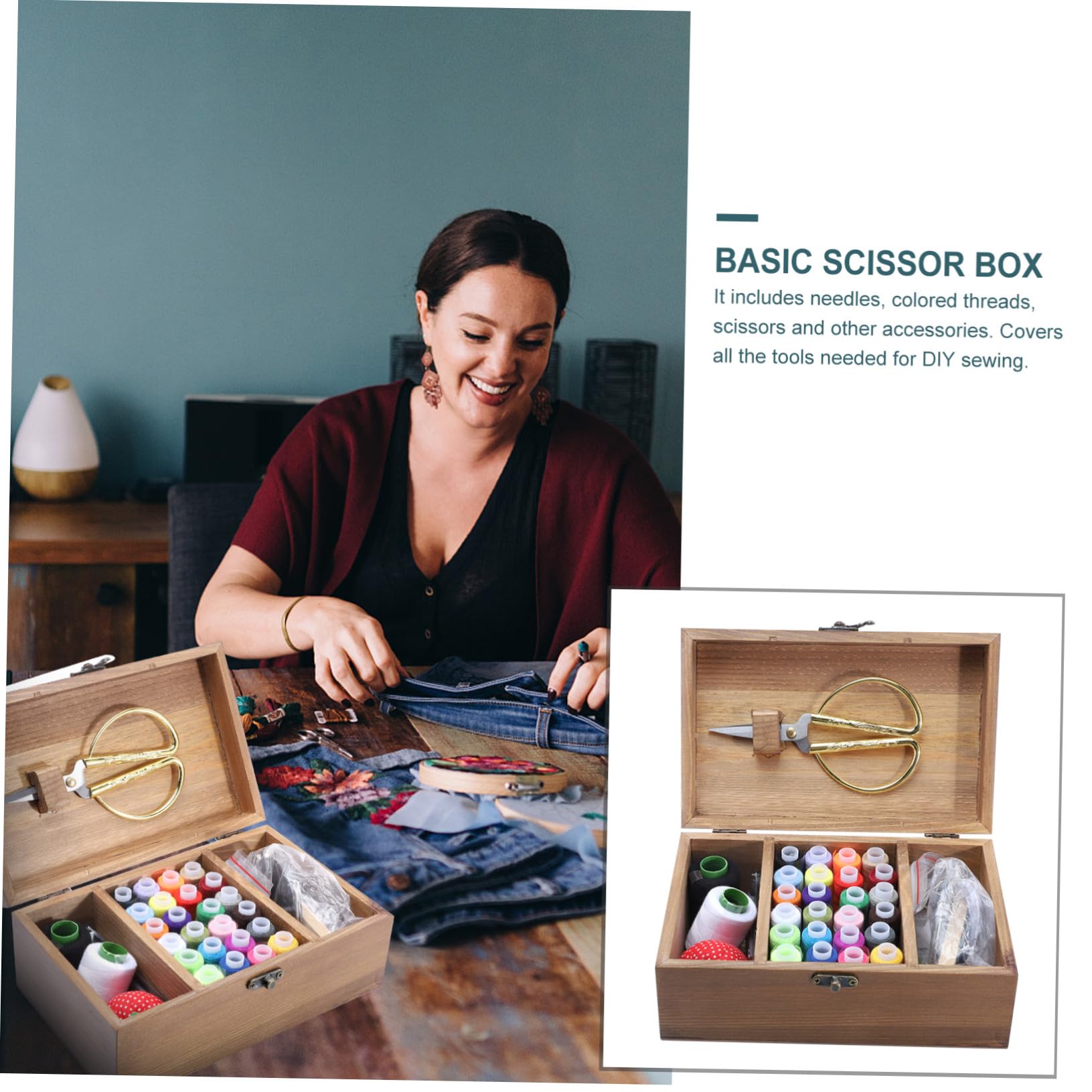 WOONEKY Caja de Costura de Madera Sólida Agujas E Hilos para Manualidades Kit de Costura Completo para Principiantes y Profesionales Color Natural Uso en Hogar y Viaje Adecuado DIY