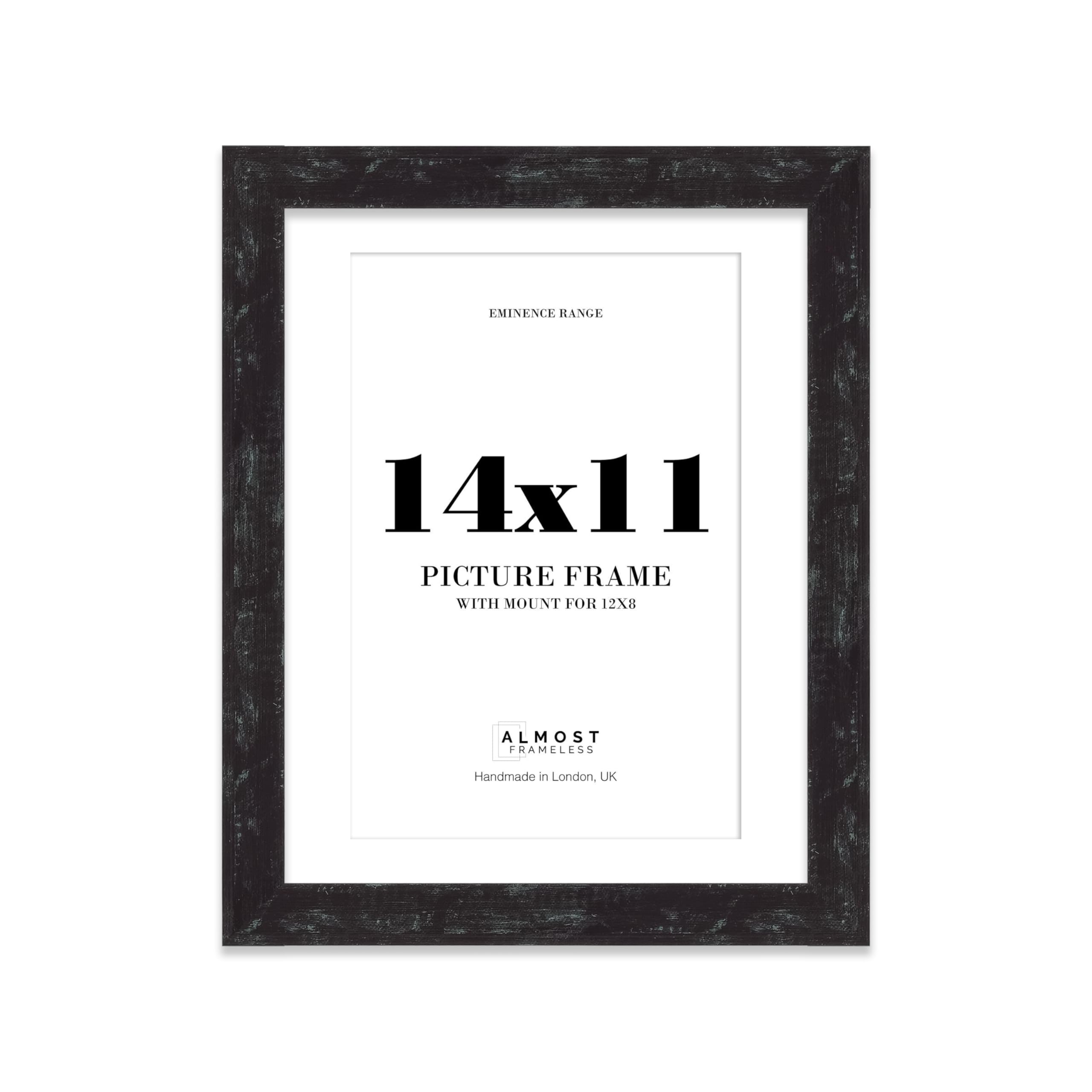 14x11" Distressed Black Picture Frame with 12x8" Mount - Reclaimed Wood Style Photo Frame with Distressed Finish, Wall Hooks and Kickstand, 32mm Edge - 1 Pack