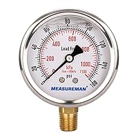 Vista 24 de MEASUREMAN - Medidor de presión hidráulico completamente de acero inoxidable con relleno de glicerina, esfera de 2.5 pulgadas, 0-30 psi/kpa, montaje