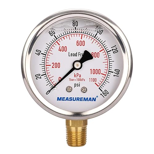 Miniatura 81 de MEASUREMAN - Manómetro relleno de líquido, tamaño del dial de 2.5 pulgadas, 0 a 200 psi/kPa, caja de acero inoxidable 304, montaje inferior NPT