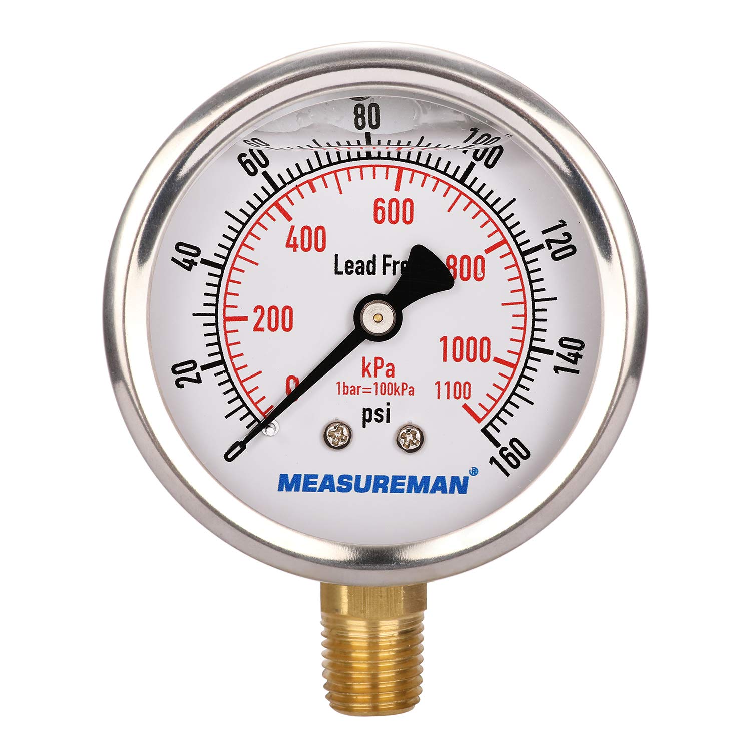 MEASUREMAN 2-1/2" dial, 1/4"NPT Lower, Glycerin Filled, Stainless Steel case, Brass Inside, 0-160psi/kpa-picture-15