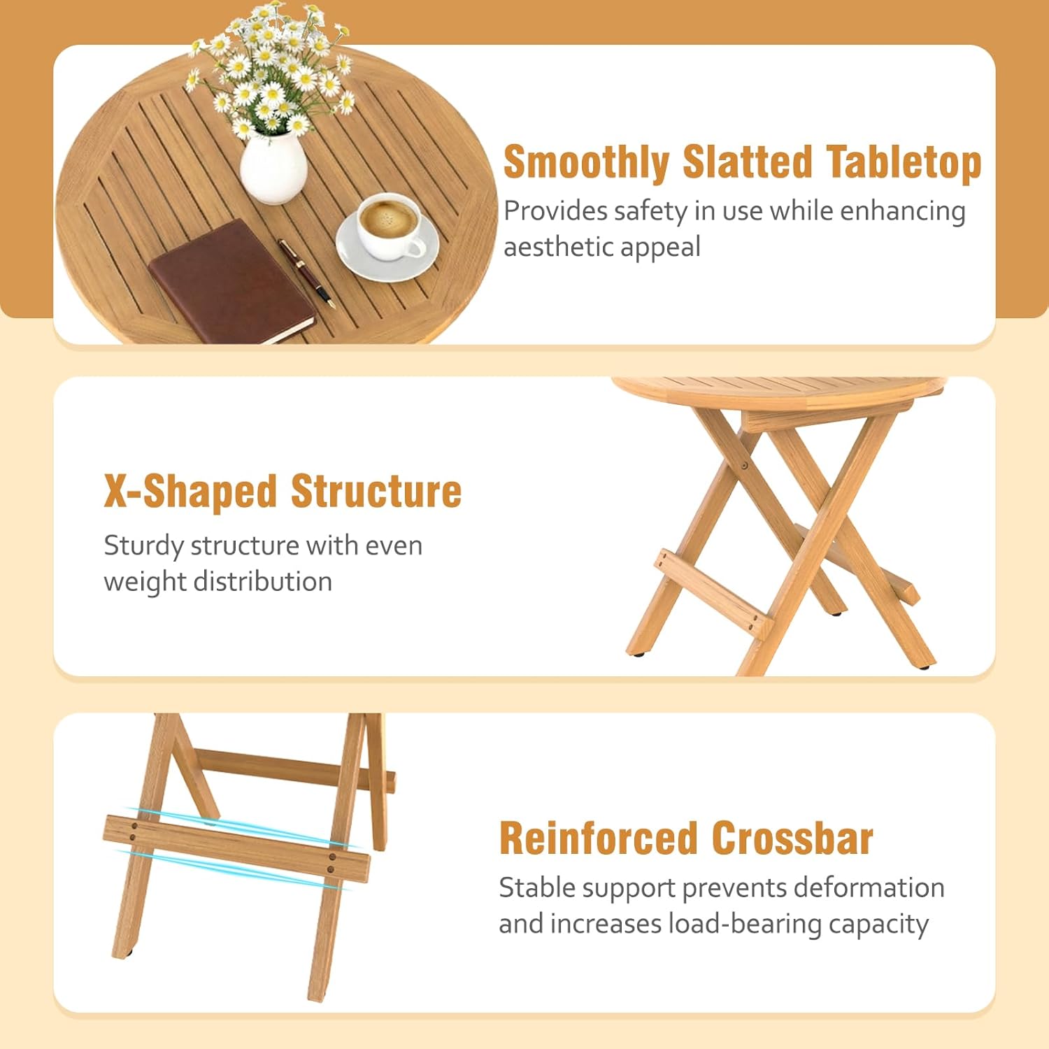 OTSUN Teak​ Wood Round Foldable Side Table Outdoor, Portable Patio End Table for Garden, Pool & Balcony, Natural Wooden Accent Table