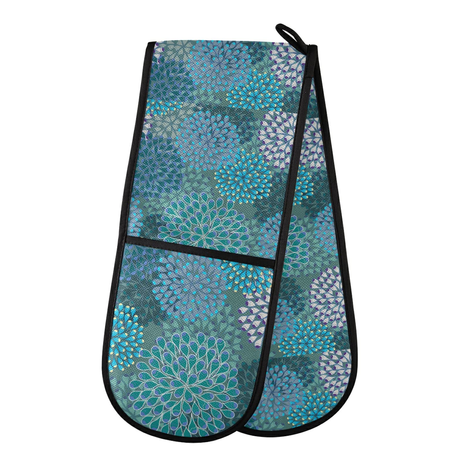 Blue Green Turquoise Floral Flowers Seamless Pattern Double Oven Mitt Gloves Extra Long Potholder High Heat Resistant for Baking Cooking Baking Grilling Handling Hots Pans 35"x7"