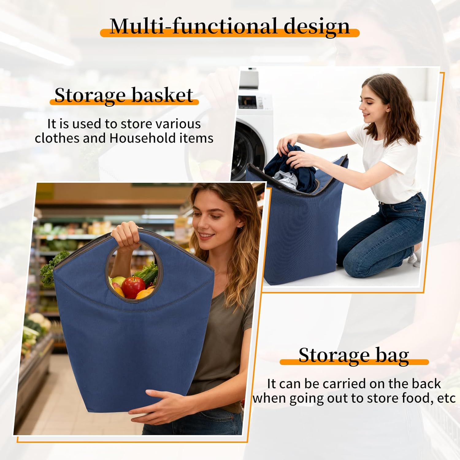 Foldable Storage Hamper Bag with Soft Padded Handle, 18x17x9.5inch Multi-Purpose Oxford Fabric Laundry Basket, Collapsible Storage Bag for Home, Bedroom, Dormitory, Travel & Outdoor