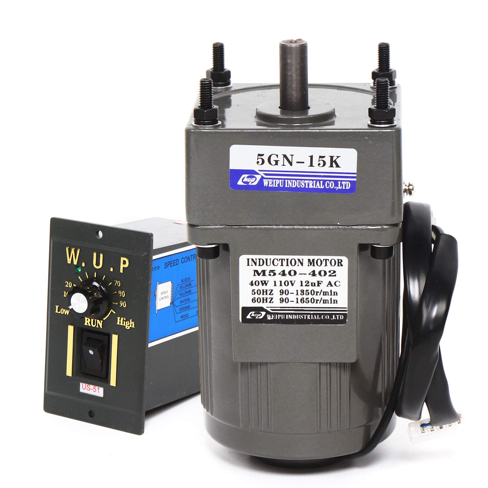 Motor eléctrico de engranaje 40W 15K, Motor Regulable en Continuo 0-90 RPM, Monofásico con Controlador de Velocidad Motor de Engranajes, Alto par Ajustable Regulador de Velocidad