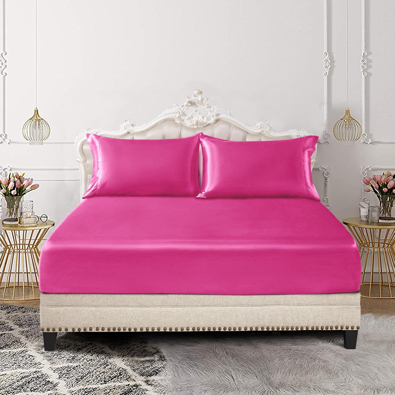 SiinvdaBZX 3-Piece Set Satin Queen Fitted Sheet & 2 Pillowcase, Hot Pink Silky Soft Fitted Bottom Sheet, Wrinkle Free, Fade Resistant, Deep Pocket Bed Sheet (Deep Up to 15")