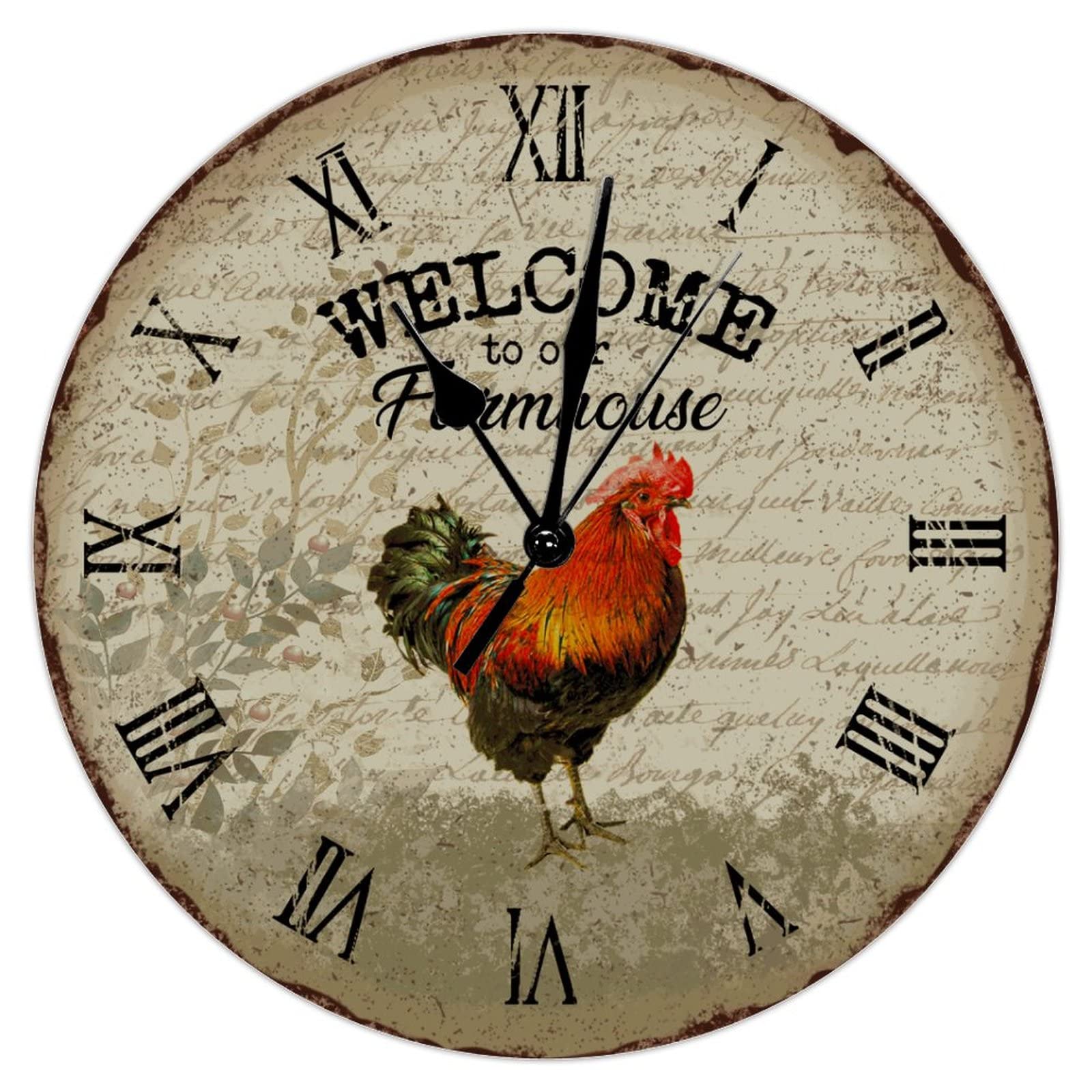 Horloge murale coq à quartz de 38 cm rustique pour cuisine et salon