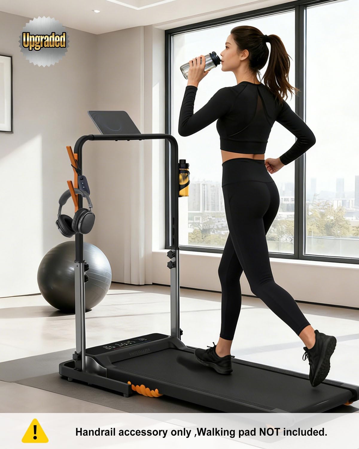 walking pad handle bar attachment only, compatible with walking pads 22.4" wide, adjustable treadmill handrail with phone/cup holder & towel hooks,overbold stable, easy assembly, black