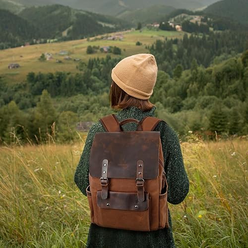 Miniatura 2 de Modoker Mochila de lona encerada, mochila de cuero para hombres y mujeres, mochila vintage de viaje para laptop de 15.6 pulgadas, mochila retro con