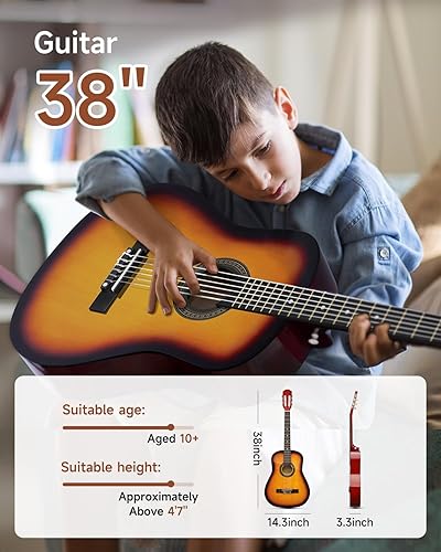 Miniatura 2 de Moukey Guitarra acústica de 38 pulgadas para principiantes niños adultos adolescentes guitarra acústica con póster de acordes bolsa de concierto
