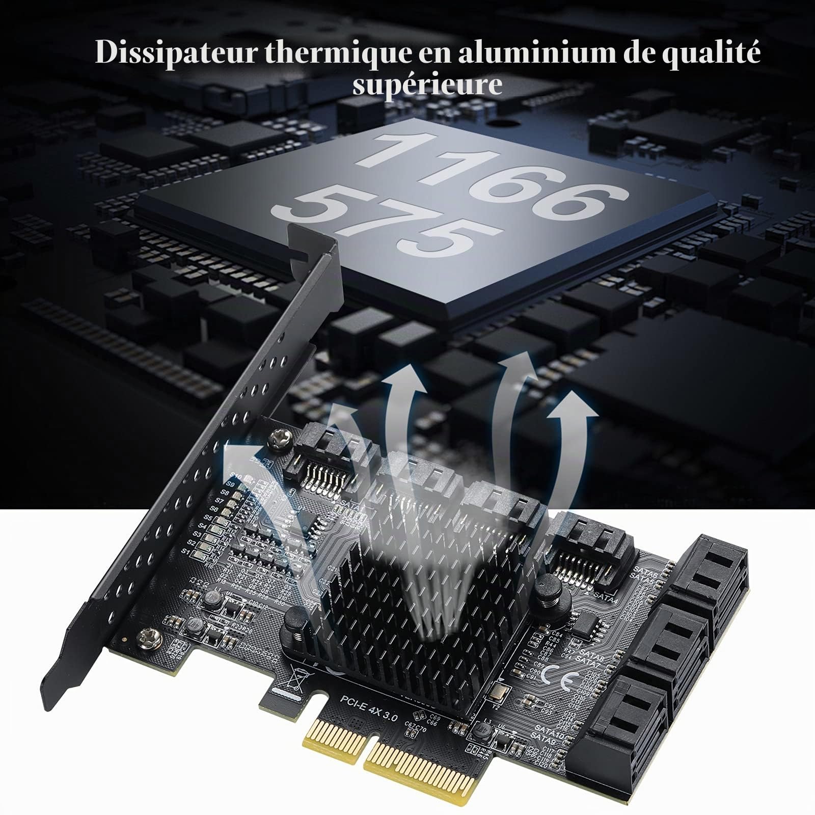 Carte PCIE 4X SATA 10 Ports, Adaptateur PCI-E 3.0 SATA 3.0 HDD 6G, Démarrage Disque Système avec 10 Câbles et Support Low Profile - ASM1166 + JMB75