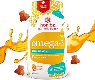 Honibe Omega 3 Gummies for Kids and Adults | Made in Canada | Supports Brain Health | Trusted Source of Omega-3 EPA & DHA Vitamins | Sustainably Sourced Fish Oil | No Fishy Taste | Omega 3 Fatty Acids | 60 Gummies
