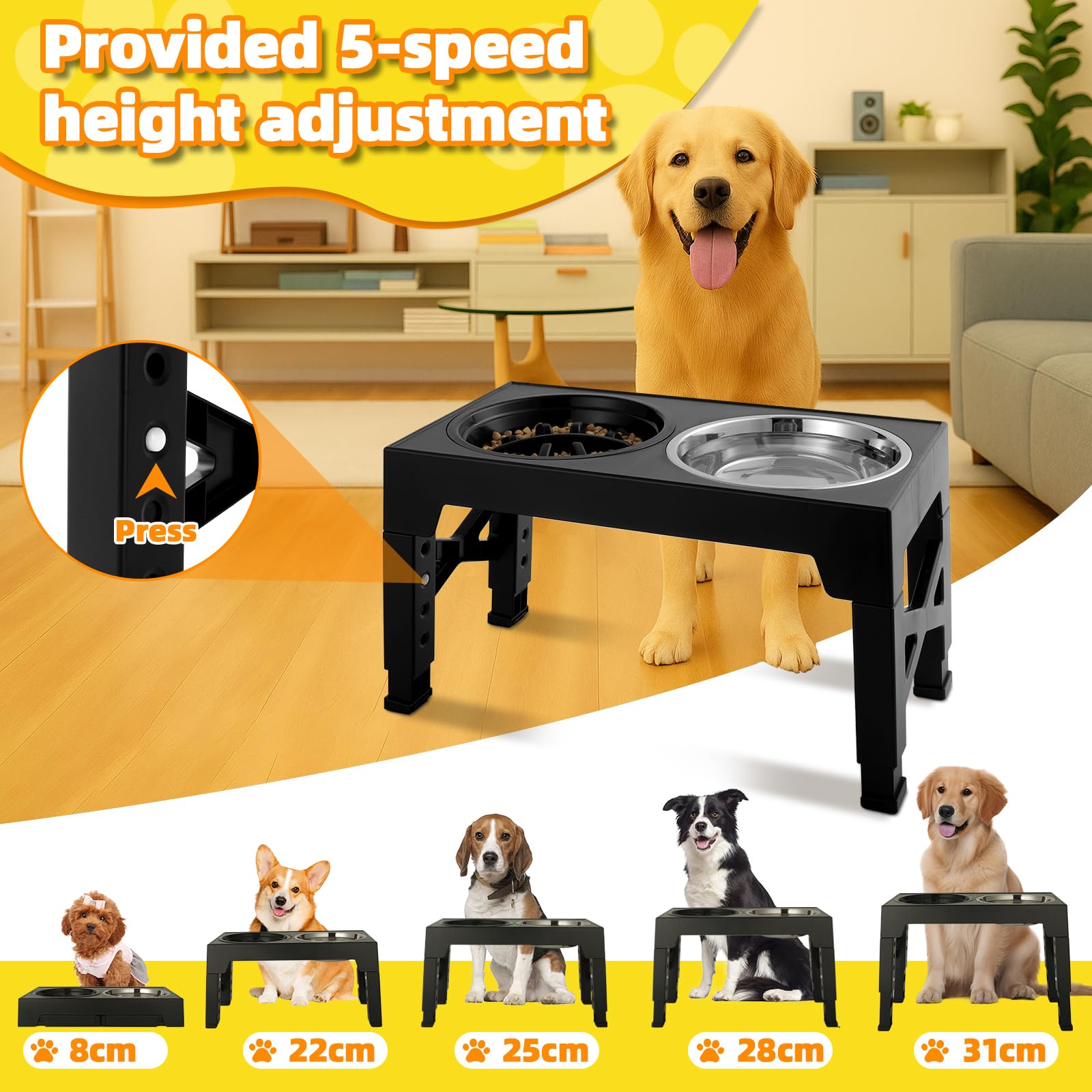 Ciotole per cani Rialzate Regolabili - 2 Ciotole in Acciaio Inox (1200ml) + 1 Ciotola anti-ingozzo (800ml) - Base antiscivolo per cani di taglia media/grande