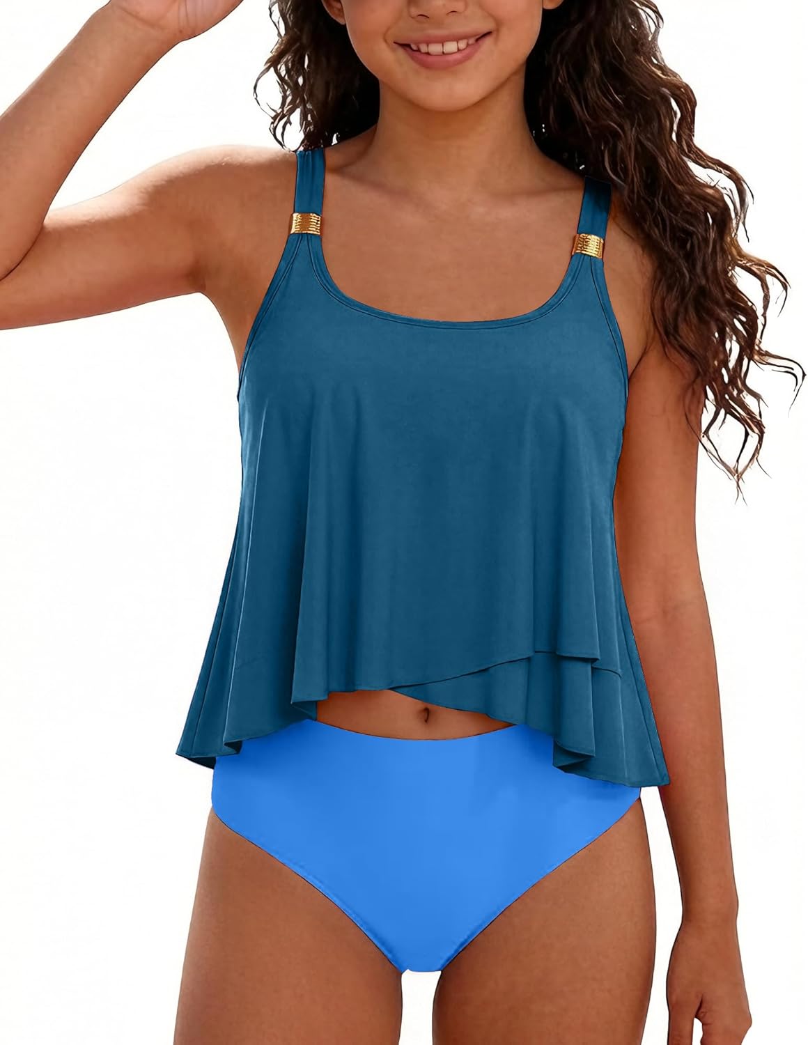 XUNYU Girls Tankini Swimsuit High Waisted Bathing Suit Two Piece Teen Swimsuits Ruffle Top Cute Girls' Swimwear Color Block