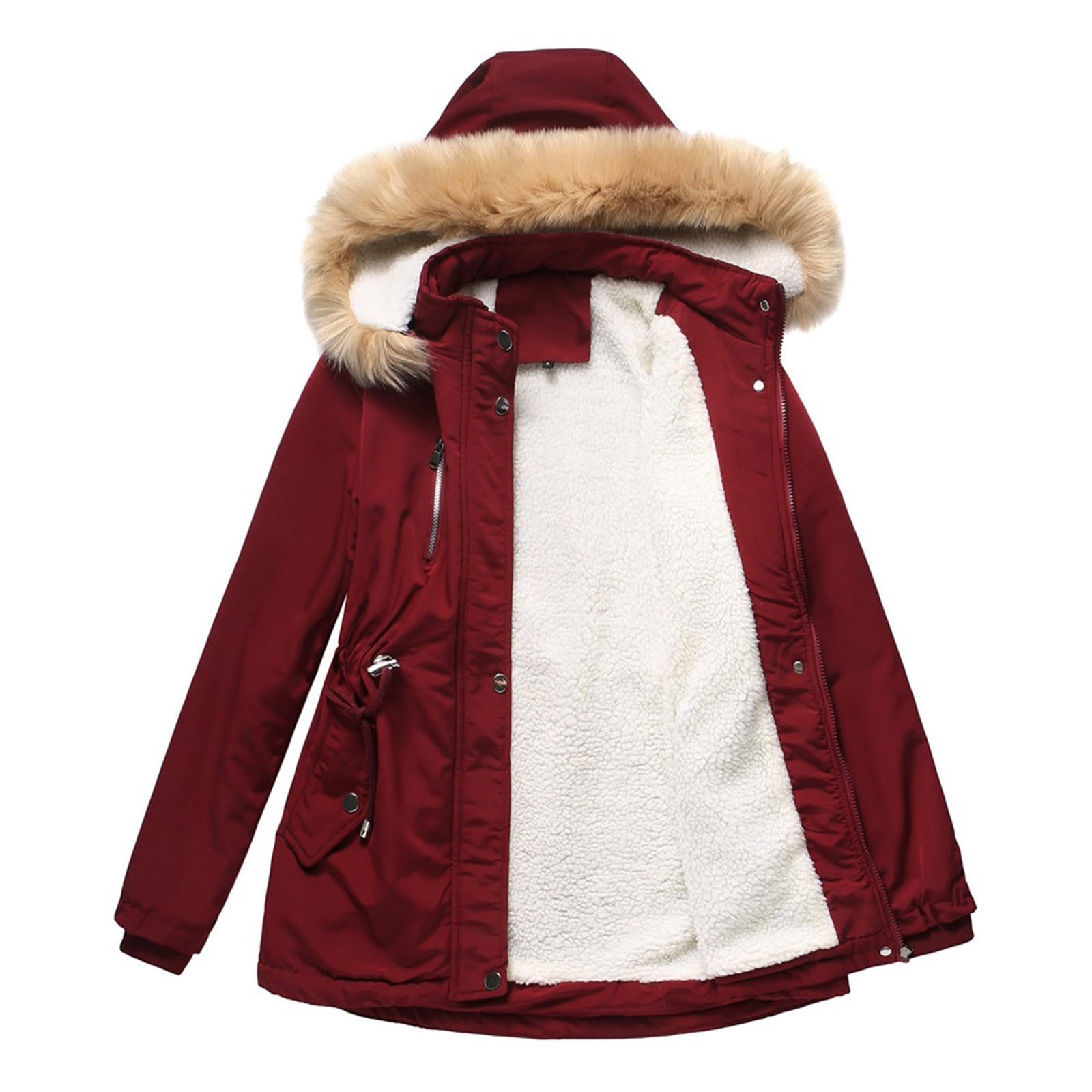 Generisch Wintermantel Damen Lang Winterjacke Elegant Parka Mantel Mit Kapuze Winterparka Mit Taschen Übergangsjacke Mit Knöpfen Windbreaker Gefüttert Teddyfell Dicker Fleecejacke Mit Reissverschluss