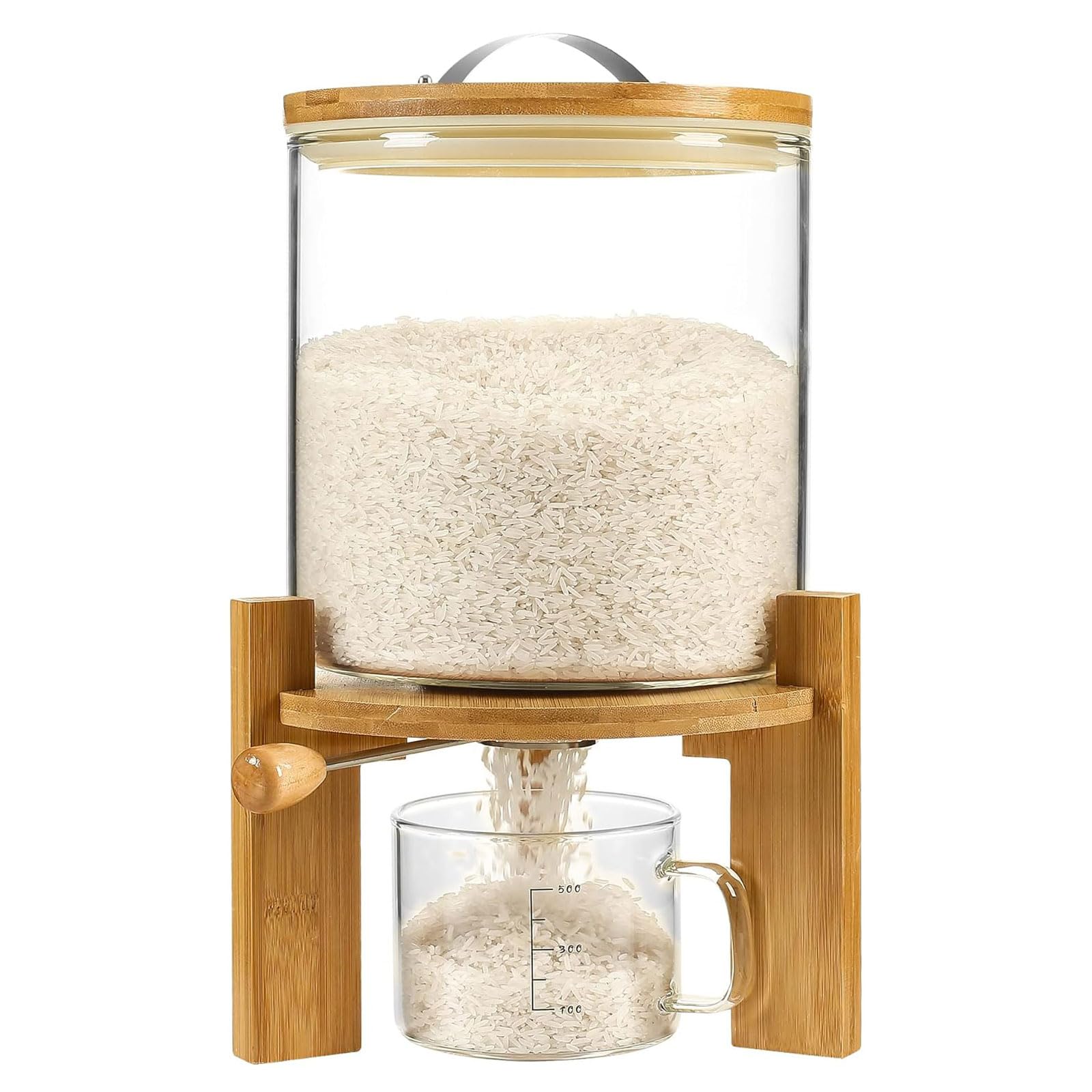 Aprilhp Clear Flour And Cereal Container, 5L/8L, Rice Dispenser, Creative Glass Food Storge Container For Kitchen Organization And Pantry Store, Airtight Lid And Wooden Stand5l