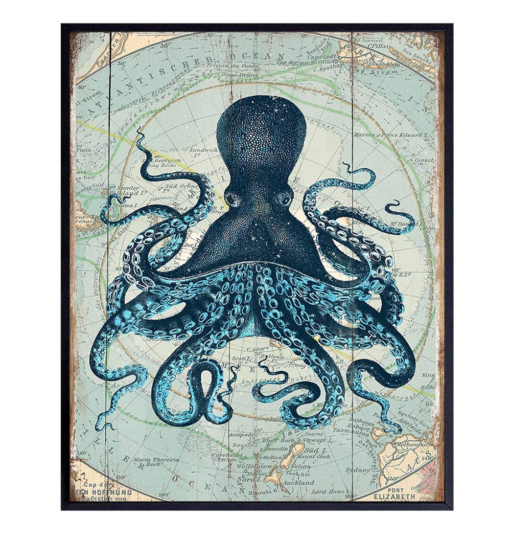 wall decoration with a map on it and a blue octopus in the center.