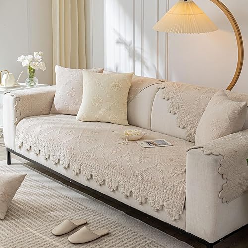 Miniatura 3 de vctops Funda acolchada para sofá de 100 % algodón, con bordado floral, antideslizante, suave, protector de muebles lavable (caqui, 43 x 70 pulgadas)