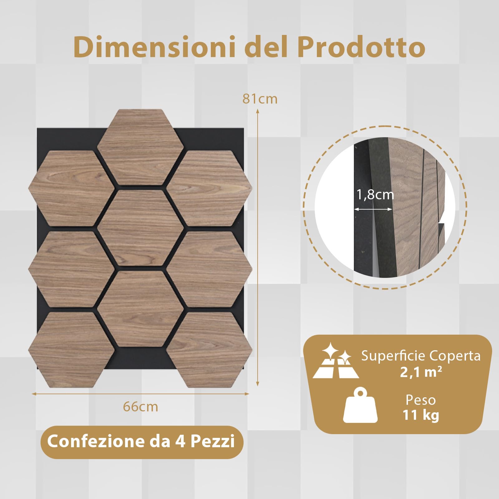COSTWAY Pannello Fonoassorbente 4 Pezzi, Pannelli Acustici per Pareti, 81 x 66 cm con 9 Tavoletta Esagonali in Legno, Decorazione d’Interni, per Riduzione Rumore, 2,1 m²