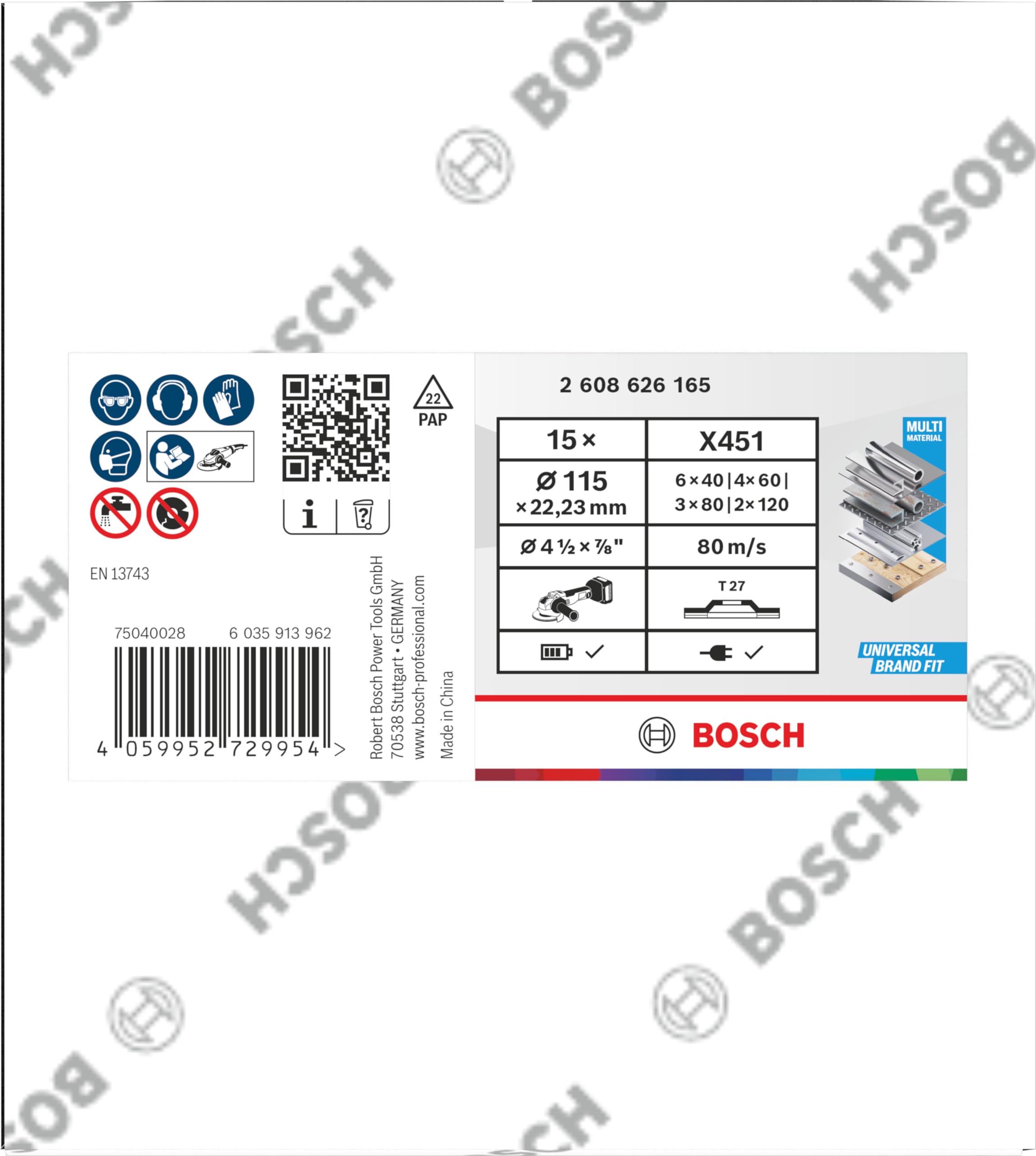 Bosch Lot de 15 disques à lamelles X451 (pour acier, aluminium, diamètre 115 mm, grain 40, 60, 80, 120, accessoires professionnels pour grande meuleuse d'angle)