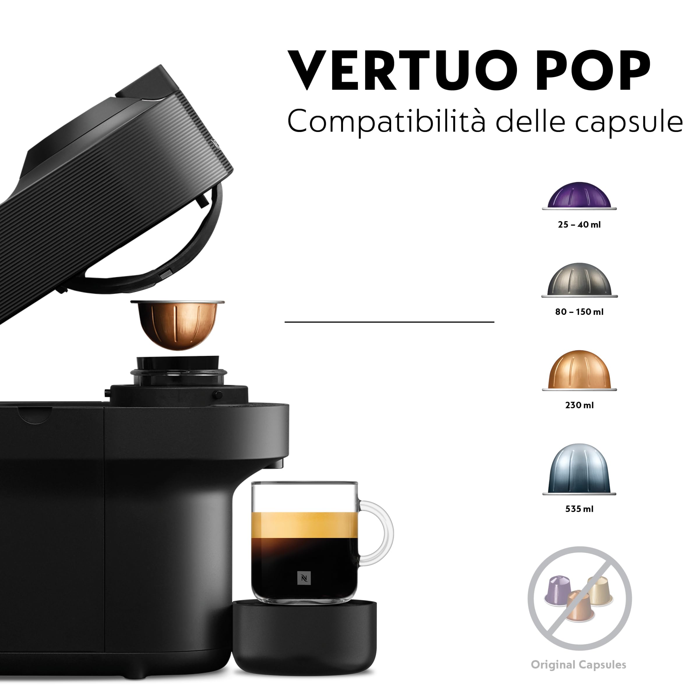 De'Longhi Nespresso Vertuo Pop ENV90.B, Macchina Caffè a Capsule con Tecnologia Centrifusion, 4 Formati in Tazza, Incluso Set di Benvenuto con 12 Capsule, 1260W, Liquorice Black