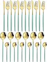 Vista 25 de JASHII Juego de cubiertos de acero inoxidable chapado en rosa titanio, 24 piezas, mango rosa, boca plateada, servicio para 6