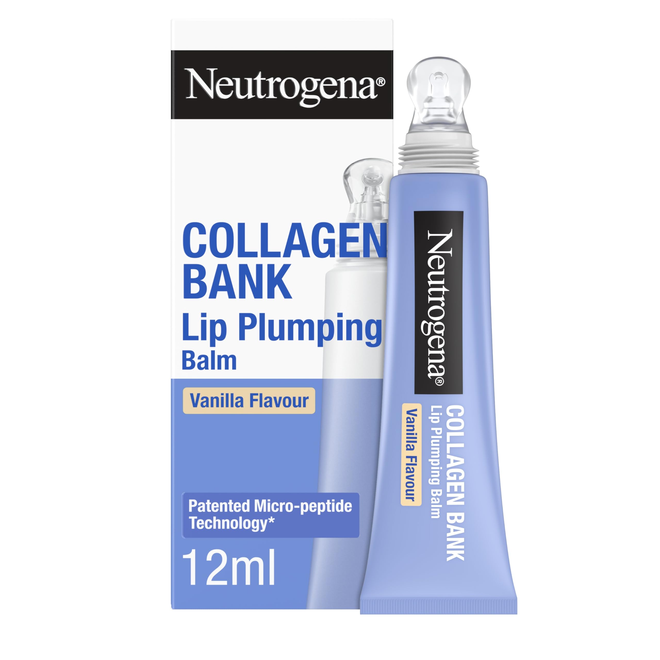 Neutrogena Collagen Bank Lip Plumping Balm 12 ml - Hydrate and Volumise Lips with UK Patented Micro-peptide Technology for Fuller, Softer, and Youthful Appearance, Vanilla Flavour