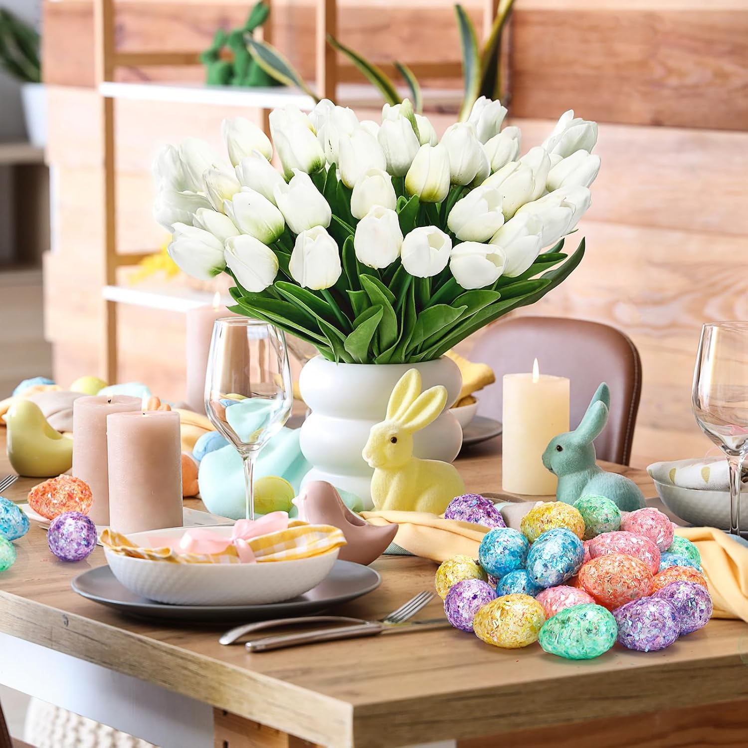 Canlierr 72 Pcs Spring Table Centerpiece Decor Set, Artificial Tulips with Pastel Eggs, Vase Fillers for Home, Wedding, Party, Farmhouse Decoration(White)