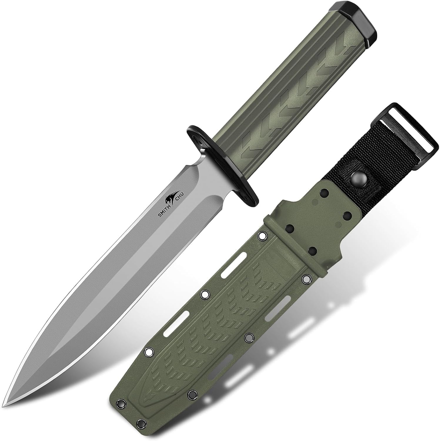 SMITH CHU Outdoor Messer Feststehend, Survival Messer für Trekking Camping, Kydex Scheide mit Schleifstein, Ergonomischer Griff, Grün Bushcraft Ausrüstung, Geschenke für Männer