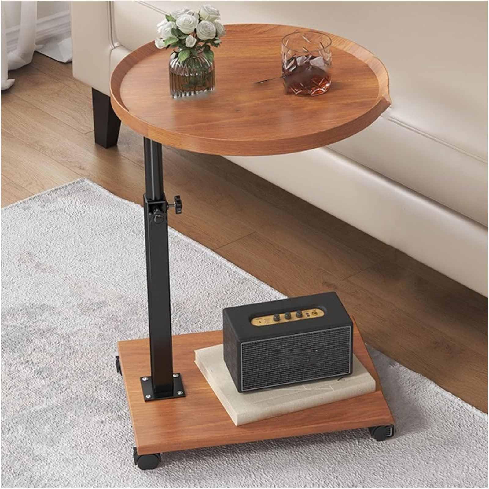 SXZenSpace Couch Side Table, Height Adjustable, End Table with 360° Rotating Tray, Slide under Small C Shaped Wheels, Snack for Sofa Living Room Bedroom,Wood
