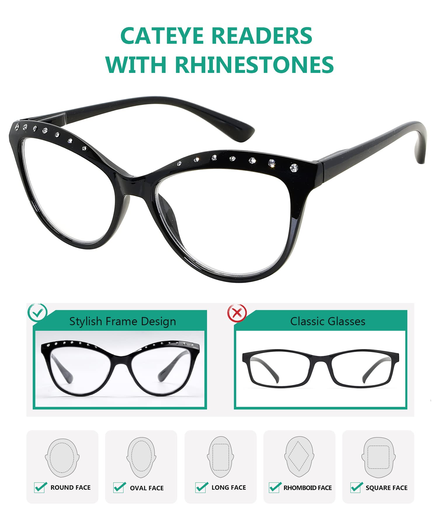 Eyekepper 4-pack Reading Glasses for Women Cat-eye Style Rhinestone Readers +1.25, 4 Pack Mix Color - Image 4