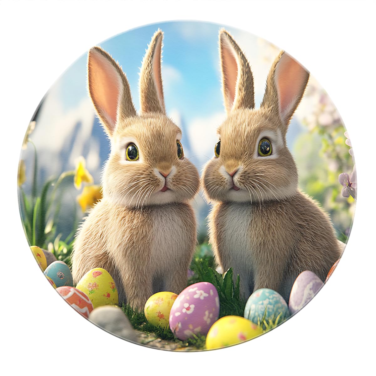 Alfombra temática Pascua 140cm Conejitos adorables y Huevos Festivos Estampado Sala bebé Fina Alfombras Redondas Antideslizantes Jardín Primavera Decoración del hogar