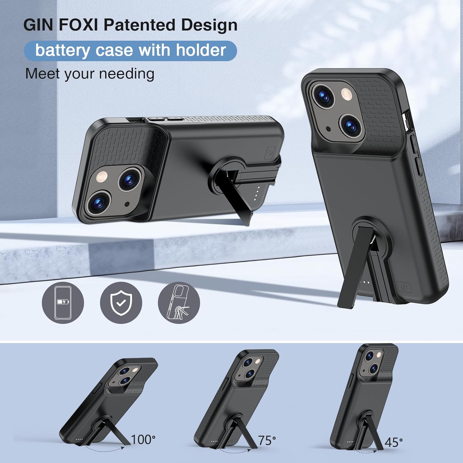 GIN FOXI Battery Case for iPhone 15/15 Pro, Rechargeable Charging Case with Stand 7000mAh Ultra-Slim Anti-Fall Protection Extended Battery Pack Juice Box for iPhone 15/15 Pro 6.1" Black