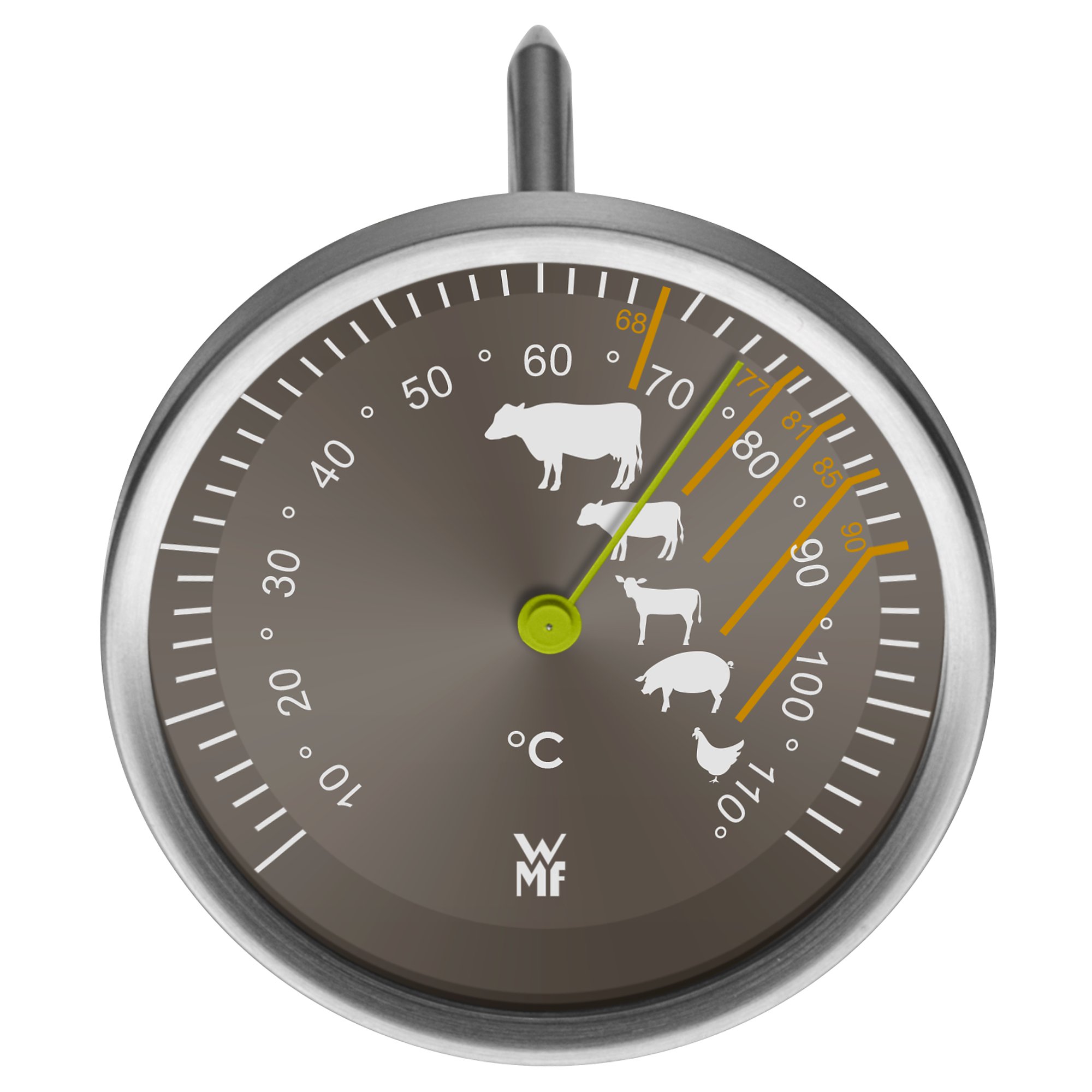 WMF Thermomètre à viande analogique 6,3 cm avec marquage de points de cuisson pour steak, bœuf, veau, agneau, porc, volaille, sonde jusqu'à 110 °C