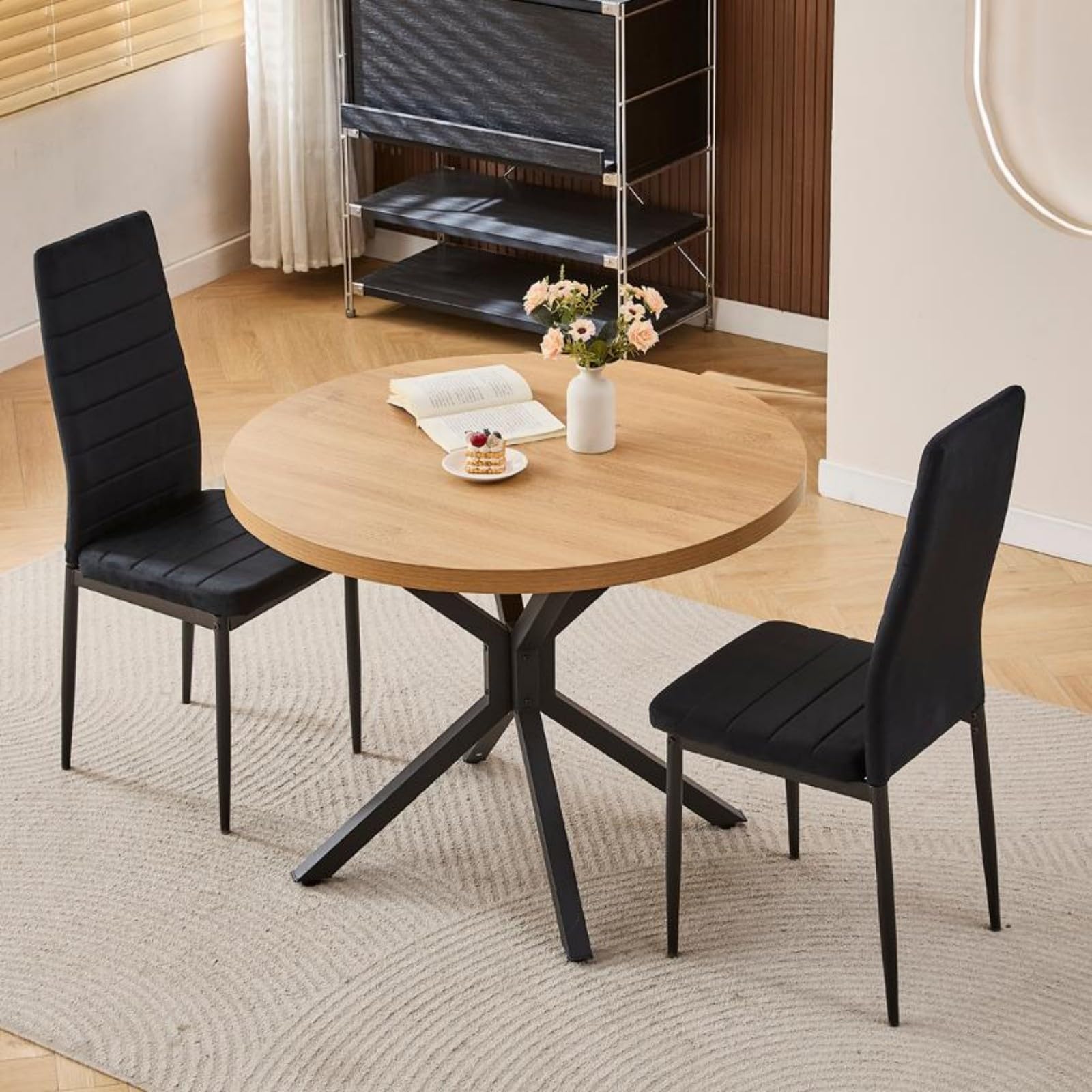 Homullel Round Dining Table and Chairs Set 2 Seater Kitchen Dining Set, 3 Pieces Table & Chairs Dinner Table Set for 2 (95cm Wooden Table with 2 Chairs, Flannel Black)