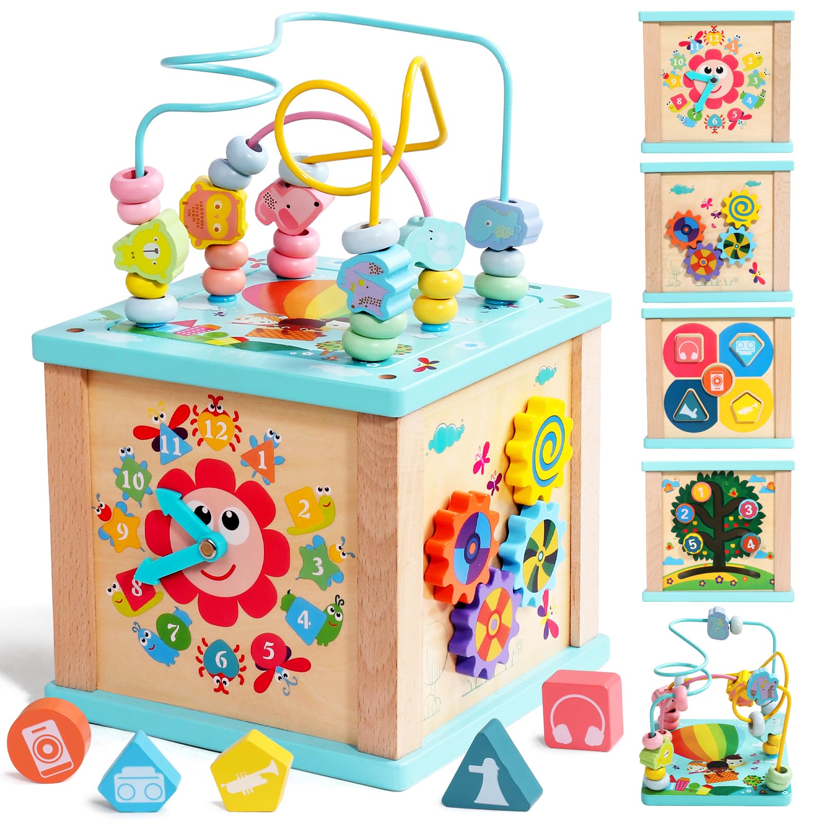 Fajiabao Motorikwürfel 5 in 1 Aktivitätswürfel Baby Holzspielzeug, Montessori Spielzeug ab 1 Jahr, Activity Center Baby 18 Monate Lernspielzeug Geschenk für Kinder Jungen Mädchen