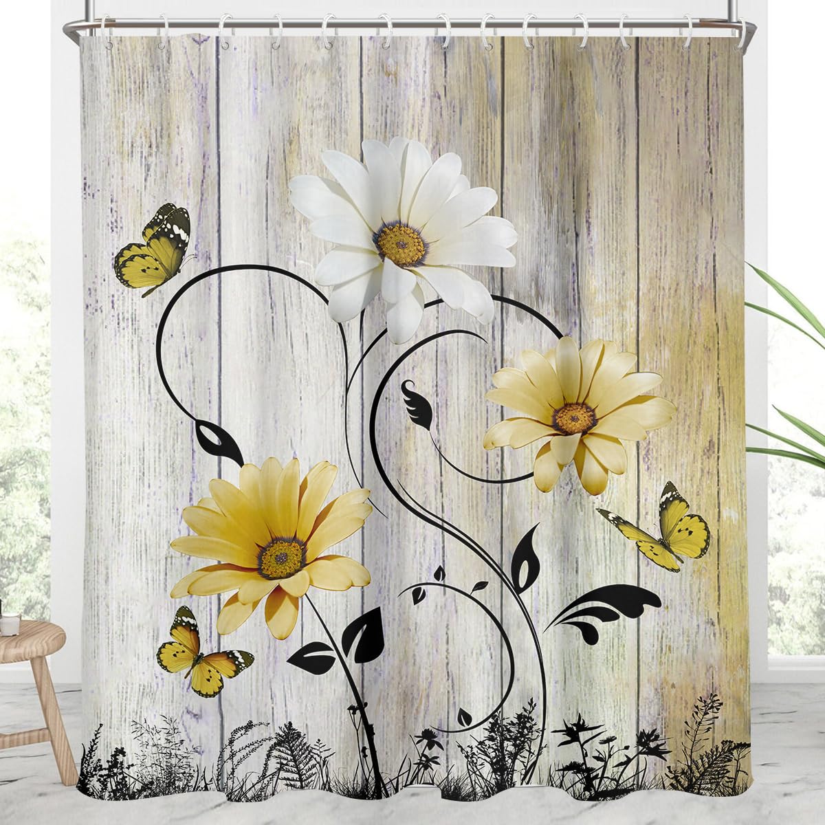 AAtter Yellow Floral Shower Curtain Spring Rustic Flower Black White Daisy Sunflower Butterfuly Botanical Leaf Bright Extra Long XL Large Bathroom
