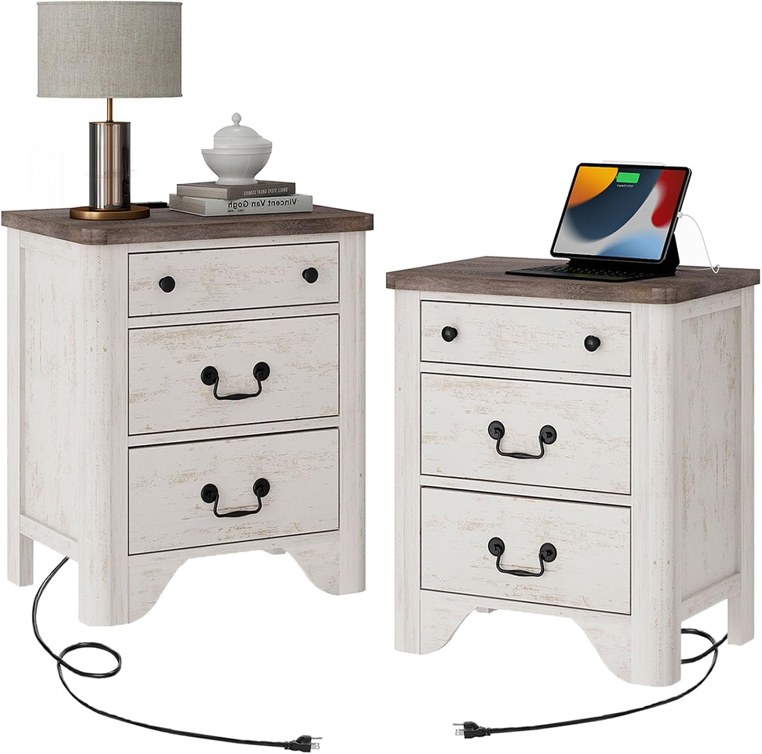 WAMPAT Farmhouse Nightstand Set of 2,Wooden Nightstand with Charging Station with Large 3 Drawers Storage Cabinet,White Night Stand Bedside Table End Table for Bedroom
