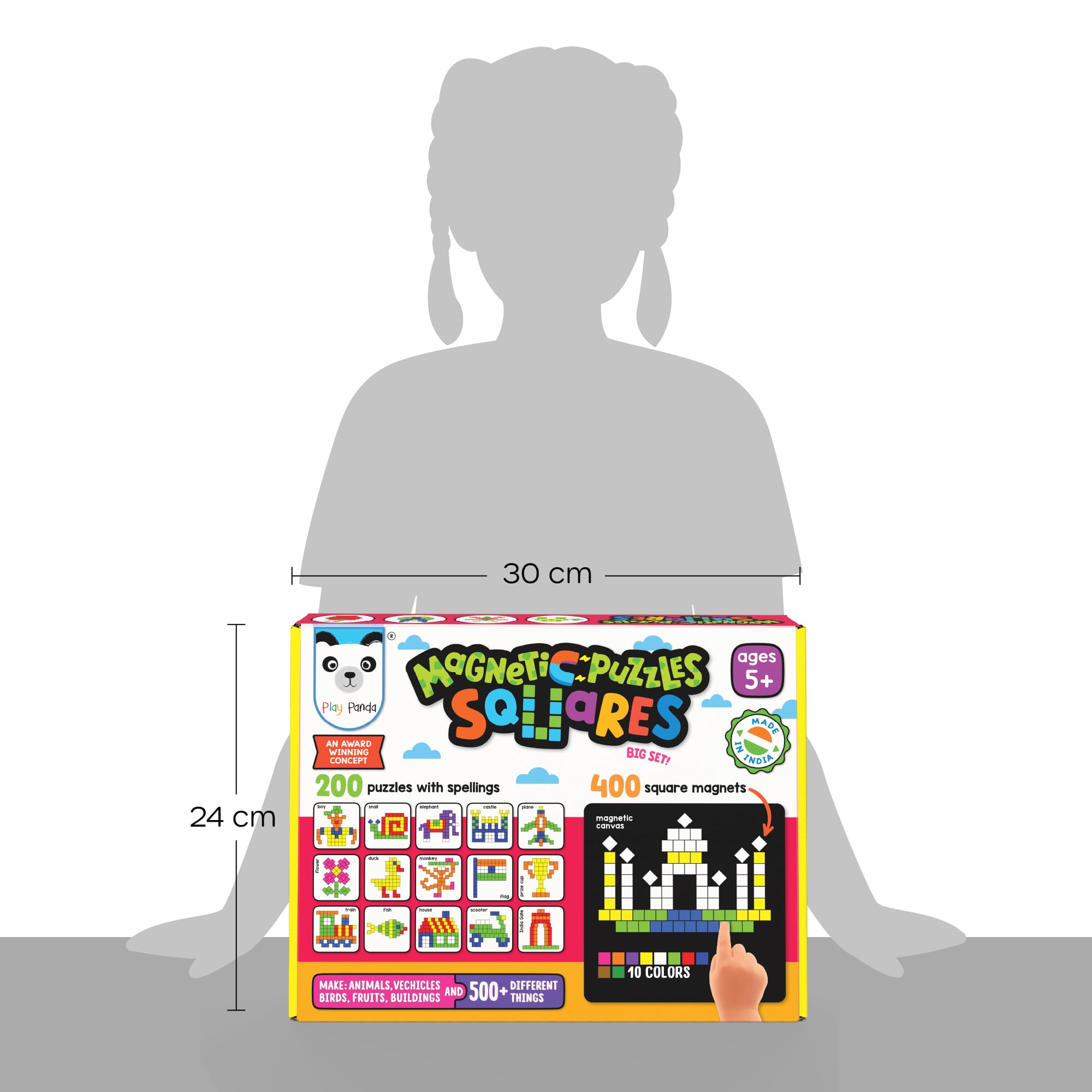 Play Panda Magnetic Puzzles Squares - 400 Colorful Magnets, 200 Puzzles, Magnetic Board, Display Stand - For Boys And Girls, 500 Pieces