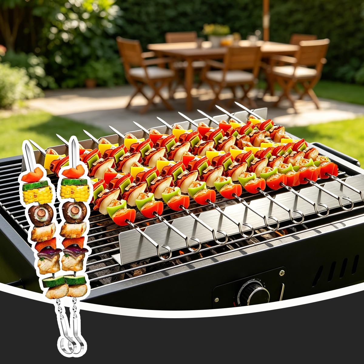 Set de 30 Brochettes Barbecue en Acier Inoxydable 40cm avec 2 Supports de Cuisson à 9 Encoches, Pique à Brochette Plate pour Grillade Jardin, Accessoire Barbecue Inox Lavable au Lave-Vaisselle