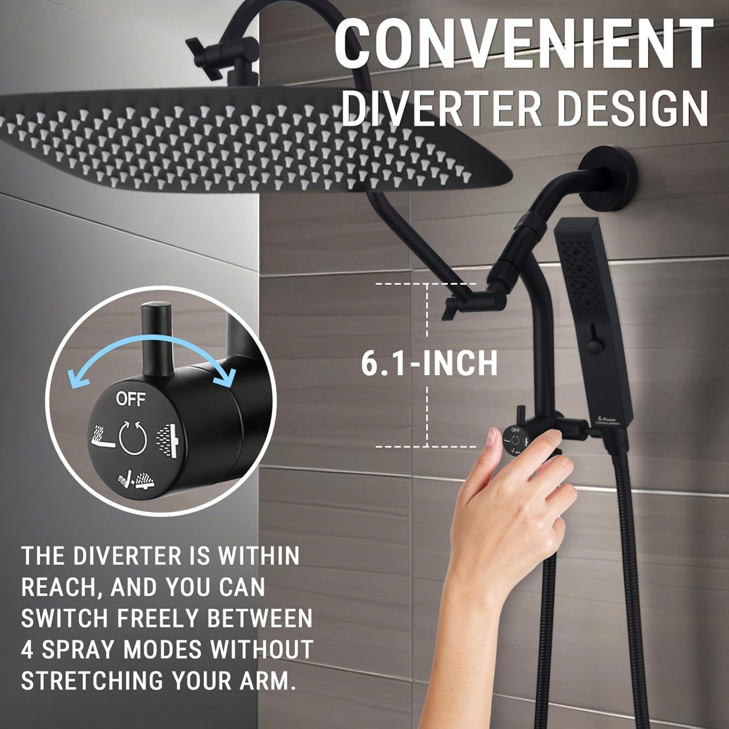G-Promise 14 Inches Shower Faucet Sets Complete, All Metal Rainfall Shower Head and Handle Set, Extended Downward Diverter, Extension Arm and Pressure Balance Rough-in Valve Included - Image 4