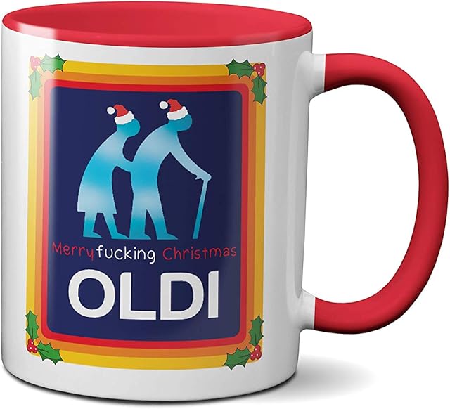 SMARTYPANTS Merry Christmas Oldi Mug- Red Handle Rude Funny Joke Secret Santa Presents Ideas Heavy Duty Handle Dino Coated Dishwasher/Microwave Safe Sublimation Ceramic (Rude Prime)