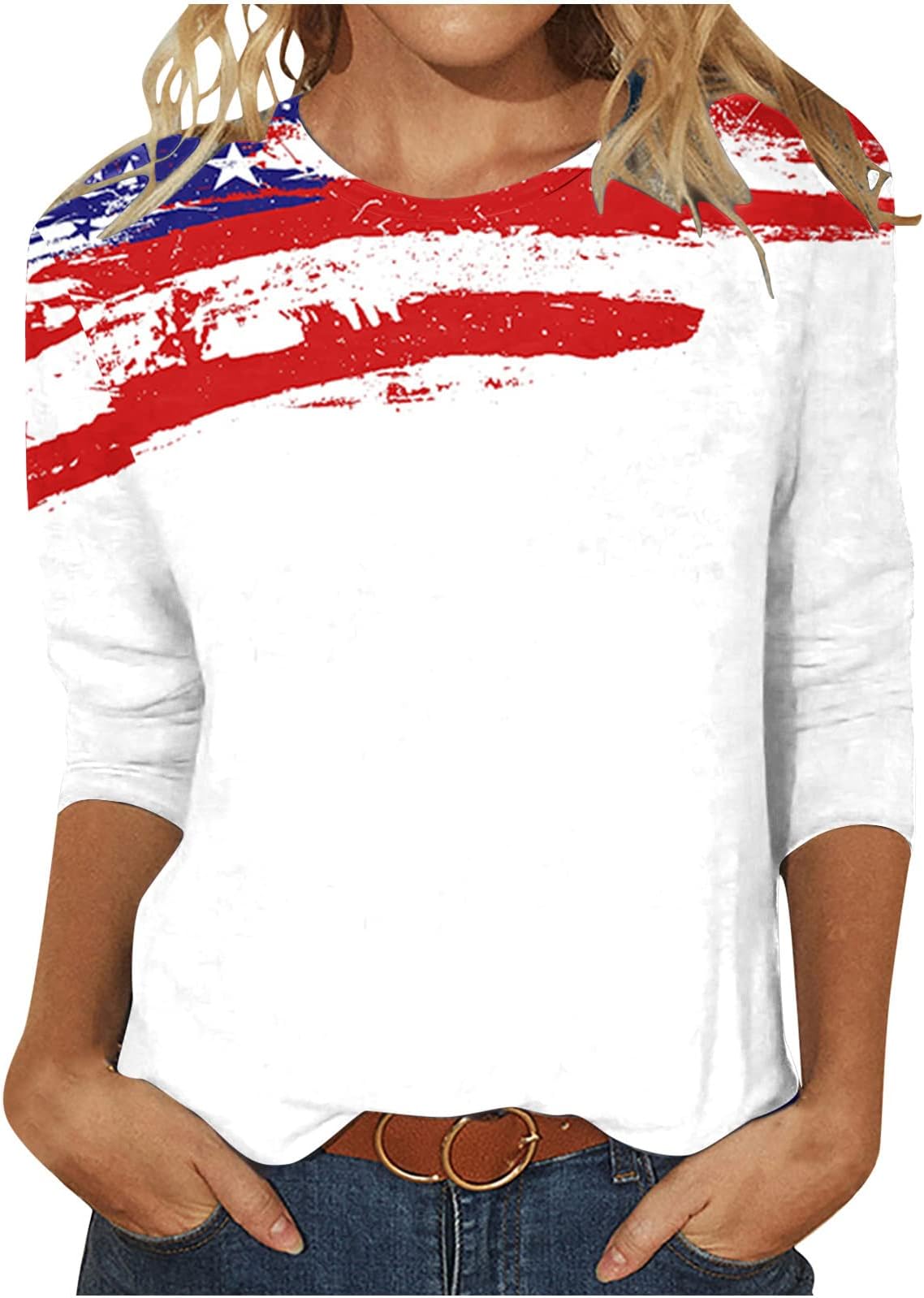 TuianresWomens America Flag Shirts 2023 Trendy Stars Stripes Patriotic Tee Shirt 3/4 Sleeve Independence Day T-Shirt Tops