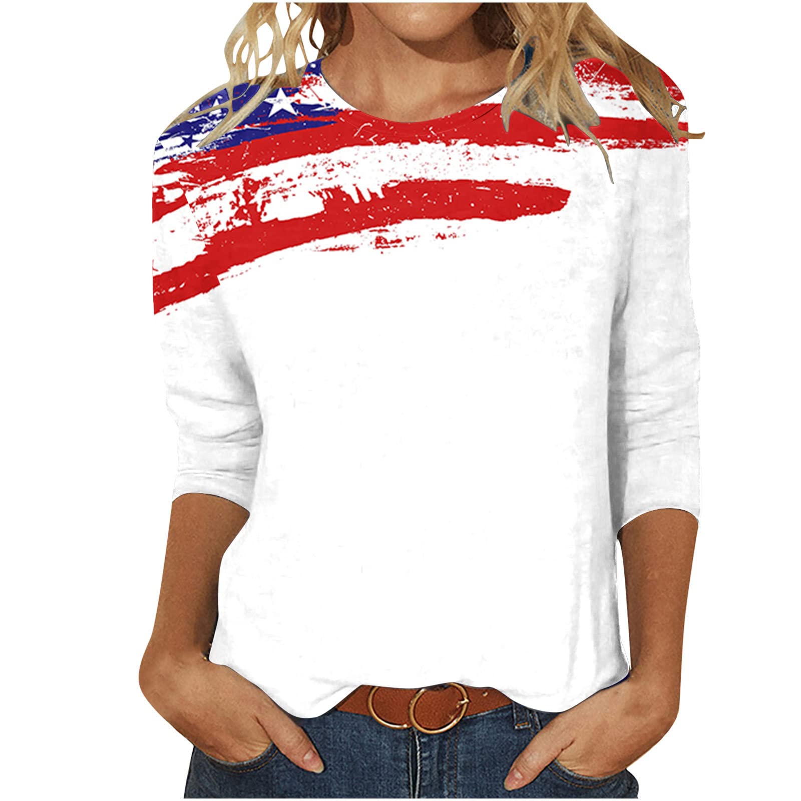 TuianresWomens America Flag Shirts 2023 Trendy Stars Stripes Patriotic Tee Shirt 3/4 Sleeve Independence Day T-Shirt Tops