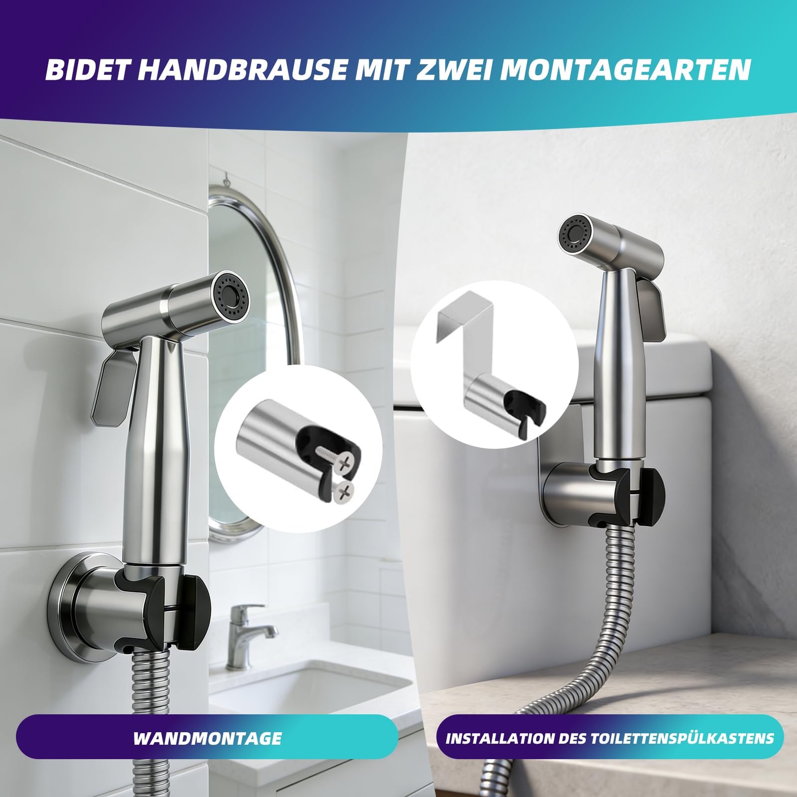 Ensemble de Douchette à Main pour Bidet en Acier Inoxydable avec Tuyau, Embout de Bidet pour Douche, Toilettes, Nettoyage des Couches et Bain des Animaux Domestiques