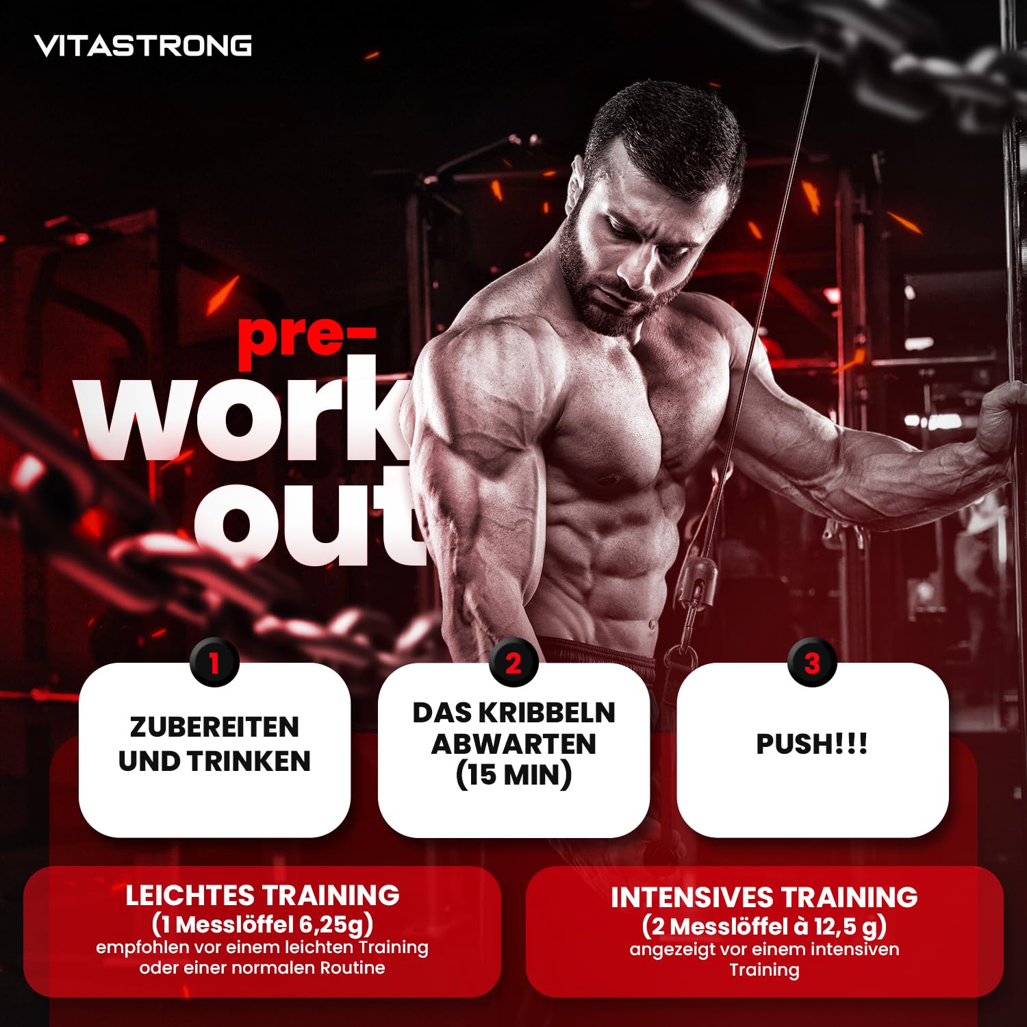 Pre Workout Booster mit Koffein 300g, Vegan Preworkout mit Vitamin B12, Citrullin, Beta-Alanin, Koffein Pulver, Taurin Pulver, AstraGin, Vitastrong Pre Workout (24 Portionen (1er-Packung), Orange)
