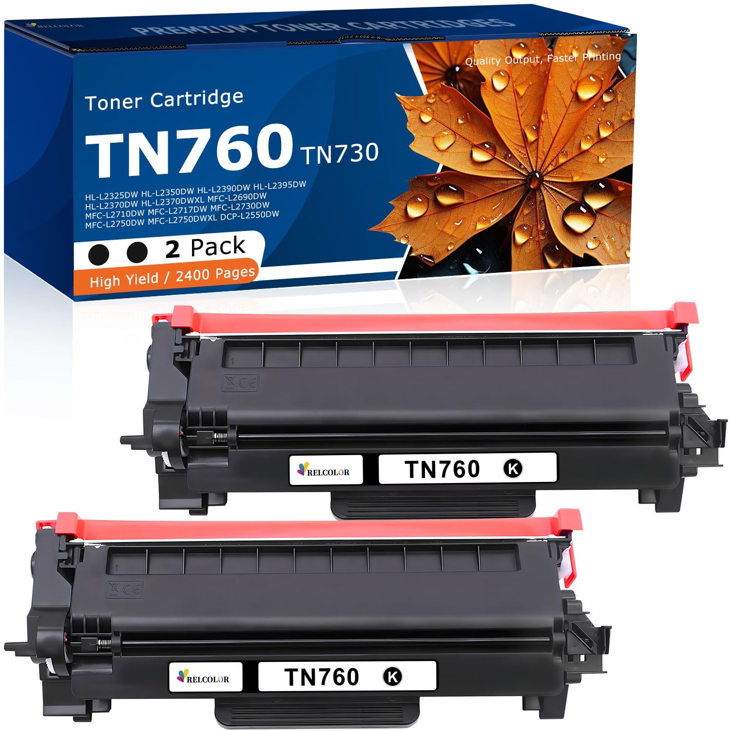 Relcolor TN760 TN730 Toner Cartridge Replacement for Brother TN 730 TN 760 (Black, 2 Pack) High Yield for HL-L2350DW HL-L2370DW HL-L2395DW MFC-L2710DW DCP-L2550DW MFC-L2750DW HL-L2390DW MFC-L2730DW