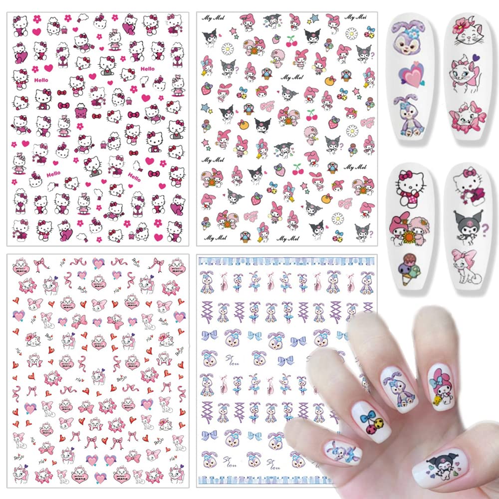 4 Sheets 3D Cartoon Nail Art Stickers Self-Adhesive Nail Art Supplies Kawaii Cute Nail Stickers Pink Bear Cat Designer Nail Charms Cute Nail Decals