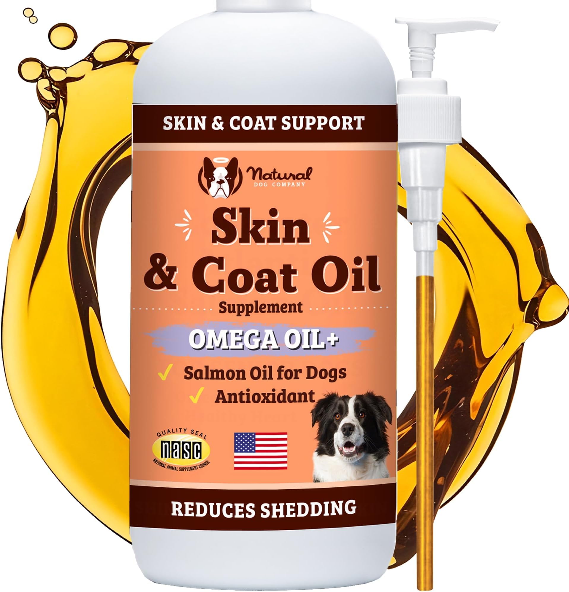 - Natural Dog Company Skin & Coat Oil (16 oz.), Supports Skin Health, Fish Oil Supplements for Dogs, Soft Coat, Fish Oil & Flaxseed Oil, Fatty Acids, Bottle of Dog Fish Oil with Pump, Antioxidant